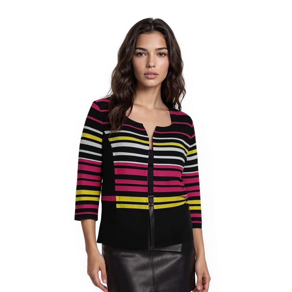 Ming Wang Knit Jacket Blazer Women's Size Large Black Pink Striped Open Front